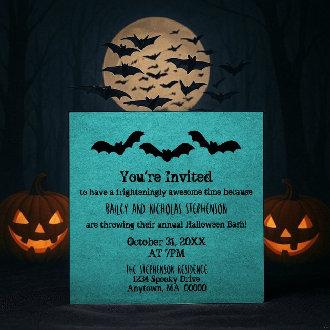 Trio de chauves-souris Invitation de la fête d'Hal (Teal Trio of Bats Halloween Party Invitation)