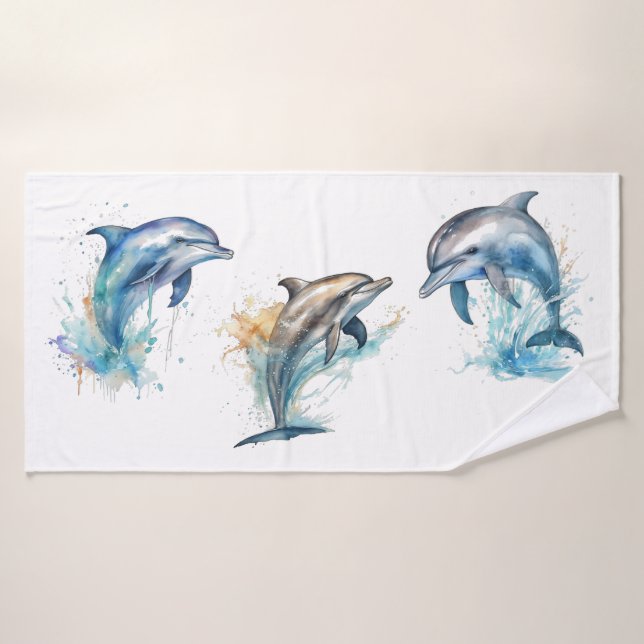 Trio de dauphins à l'aquarelle (Serviette de bain)