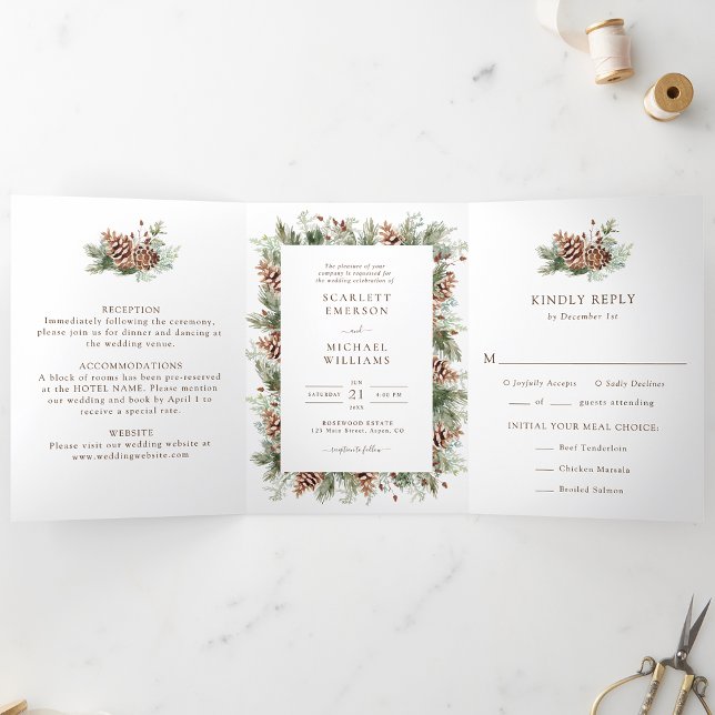 Triple Faire-part de mariage hiver (White Winter Pinecone Trifold Wedding Invitation Photo Card by Painted Paperie
)