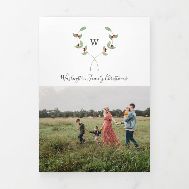 Triple Noël 4 Carte photo Aquarelle Monogramme (Page de couverture)