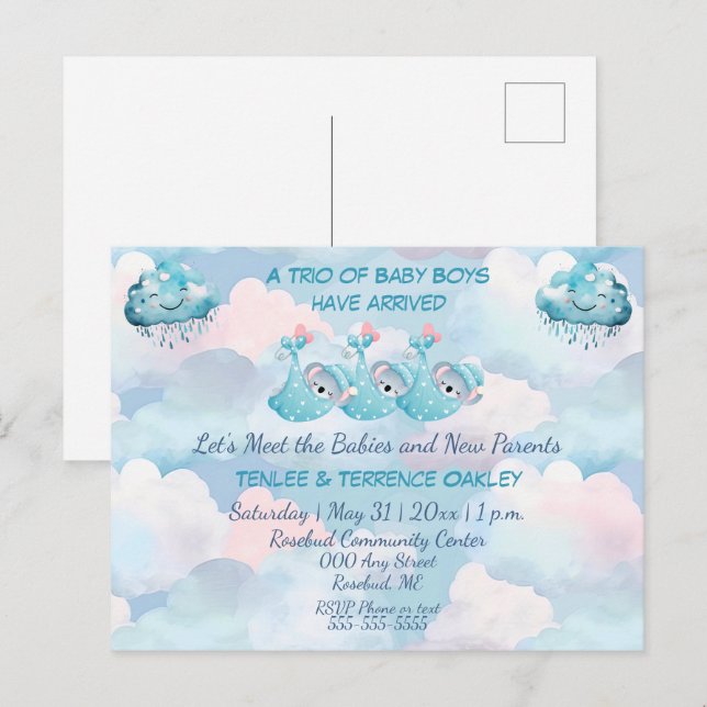 Triplet Baby Boys Blue Shower Invitation Postcard (Devant / Derrière)