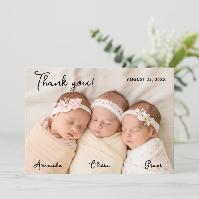 Triplet Baby Girls Carte de remerciements avec pho (Debout devant)