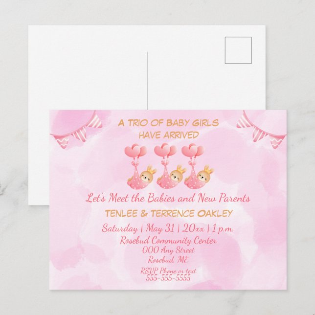 Triplet Baby Girls Pink Shower Invitation Postcard (Devant / Derrière)