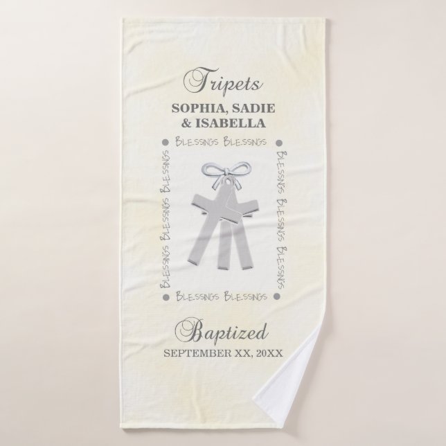 Triplet Baptême sur 3 Croix Jaune Personnalisé (Serviette de bain)
