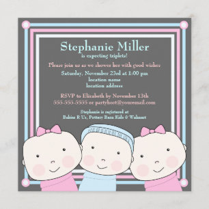 Triplet Girl Boy Pink Blue Baby shower Invitation