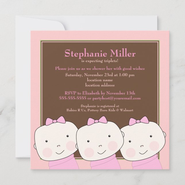 Triplet Girl Pink Invitation Baby shower Brown (Devant)