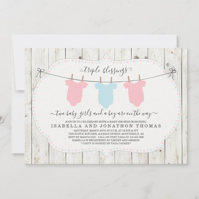 Triplets Baby shower Invitation - 2 filles et 1 ga (Devant)