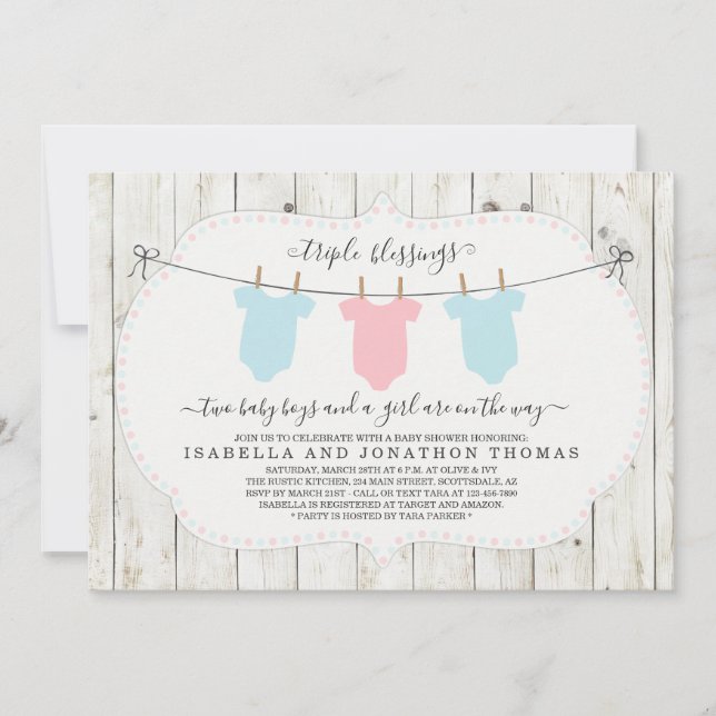 Triplets Baby shower Invitation - 2 garçons & 1 fi (Devant)