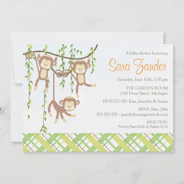 Triplets Invitation Baby shower - Singes (Devant)