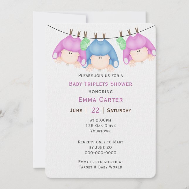 Triplets Sur Invitation Baby shower De Clothesline (Devant)