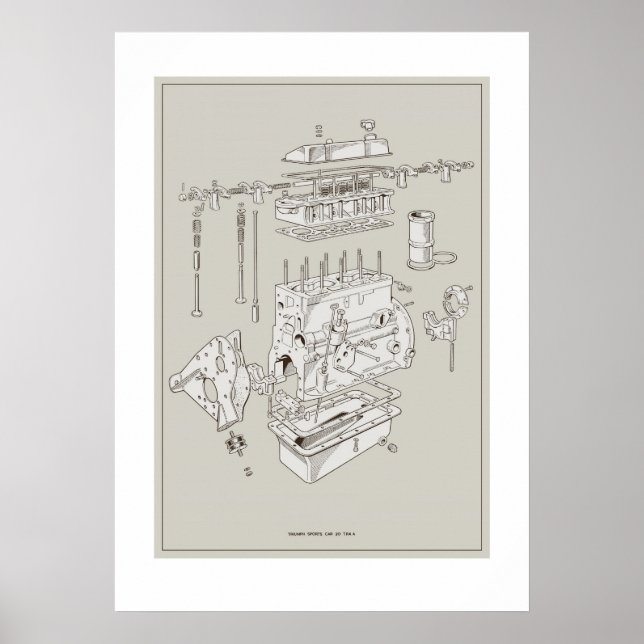Triumph TR4A Engine Schematic Poster - OffWhite (Devant)