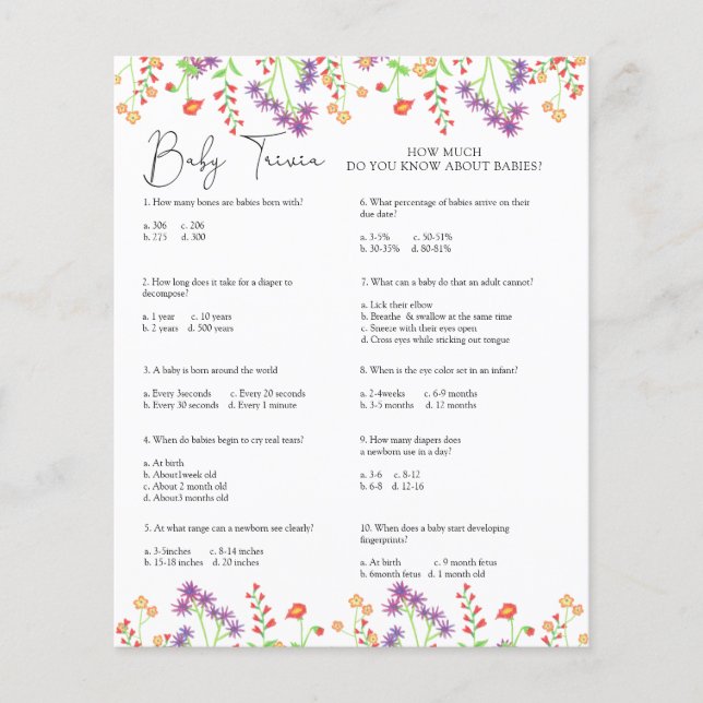 Trivia de bébé fleur sauvage | Jeu Baby shower (Devant)