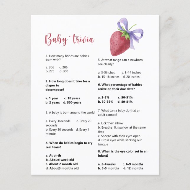 Trivia fraise bébé | Jeu Baby shower (Devant)