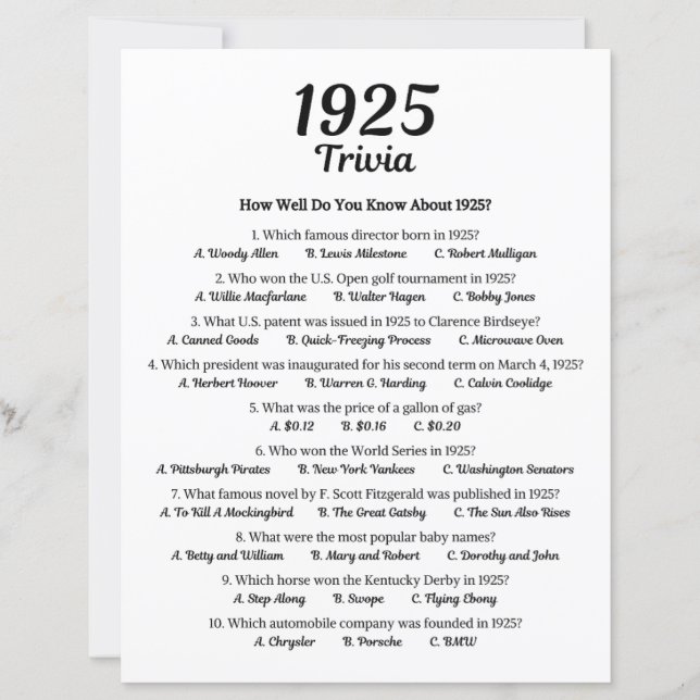 Trivia Game 1925 | 100e fête d'anniversaire Jeu (Devant)