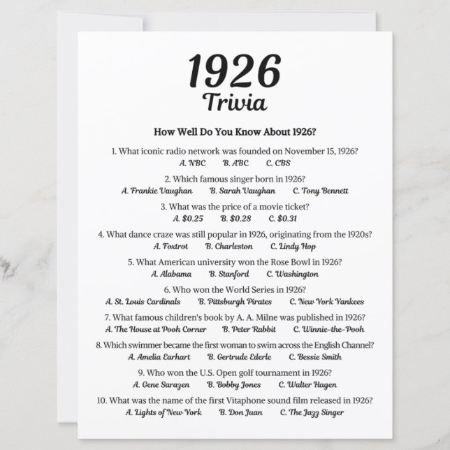 Trivia Game 1926 | 99e fête d'anniversaire (Devant)