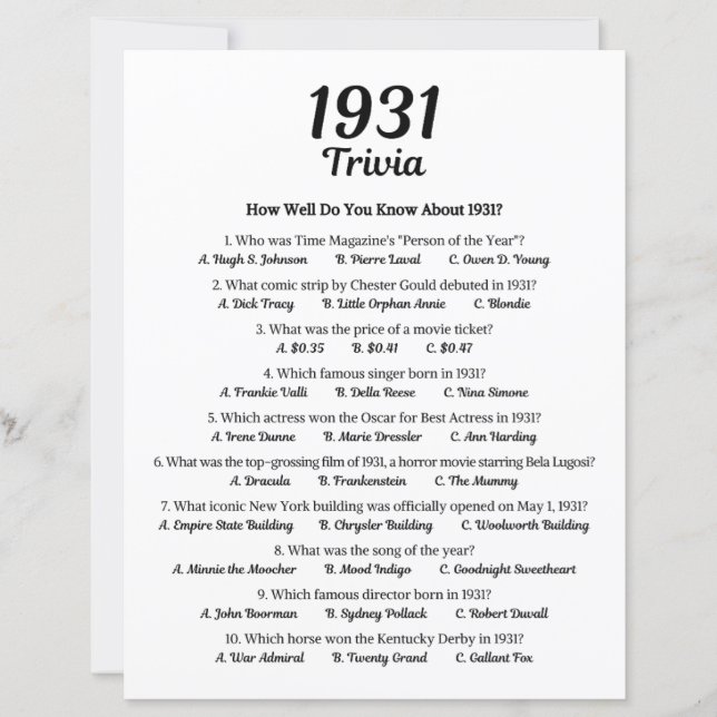 Trivia Game 1931 | Jeu de fête du 94e anniversaire (Devant)