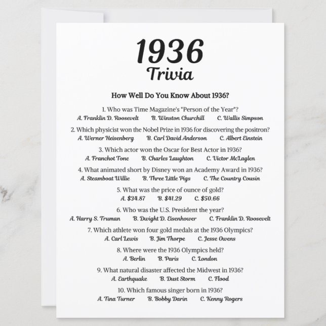 Trivia Game 1936 | Jeu de fête du 89e anniversaire (Devant)