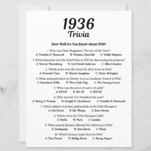 Trivia Game 1936 Jeu de fête du 89e anniversaire