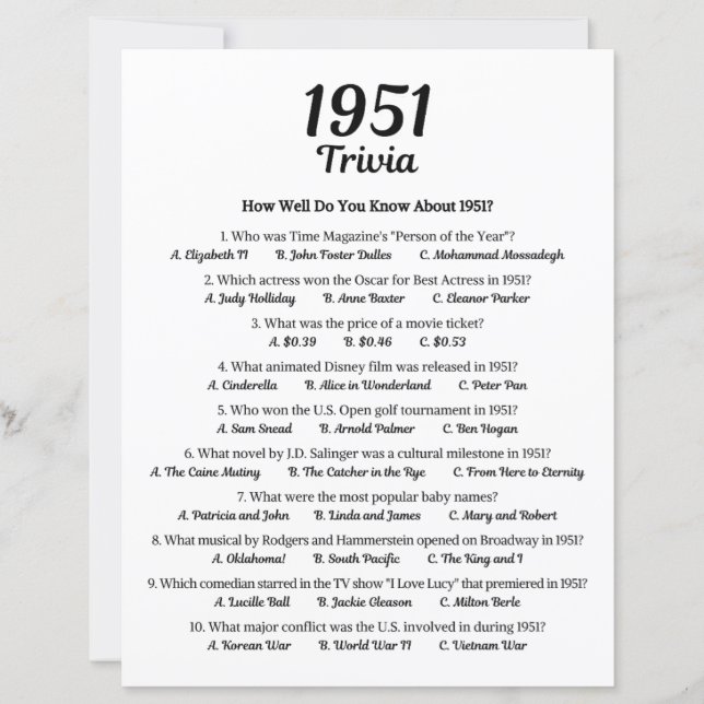 Trivia Game 1951 | Jeu de fête du 74e anniversaire (Devant)