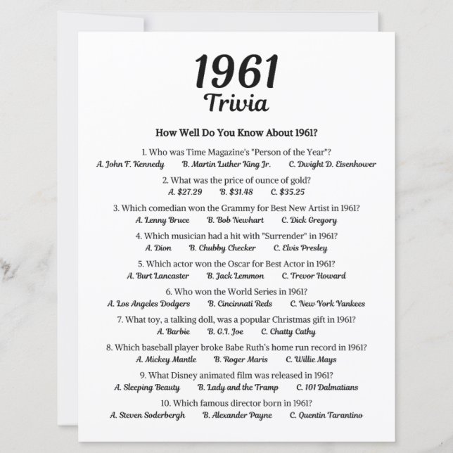 Trivia Game 1961 | 64e Anniversaire Jeu de fête (Devant)