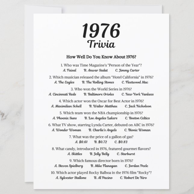 Trivia Game 1976 | Jeu de fête du 49e anniversaire (Devant)