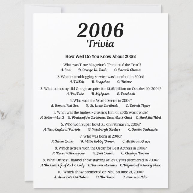 Trivia Game 2006 | 19e anniversaire de la fête Jeu (Devant)