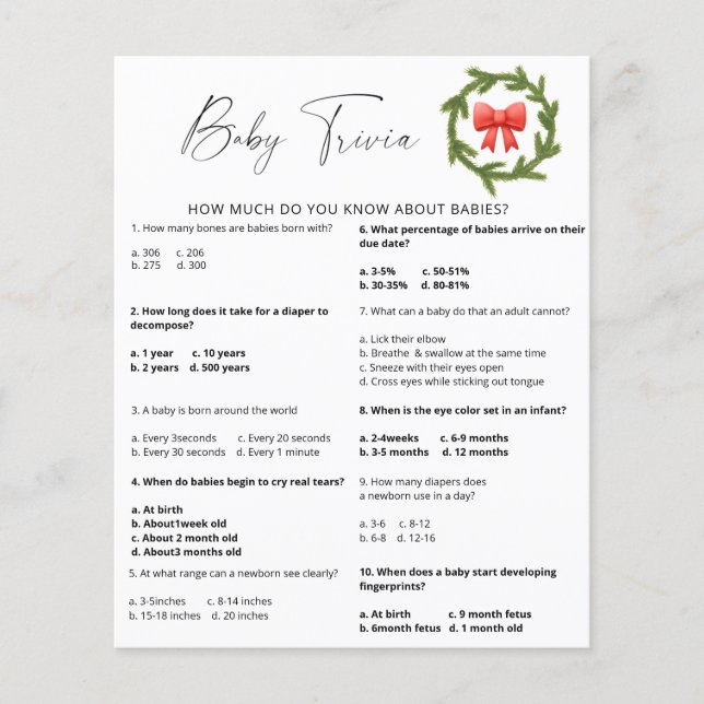 Trivia hivernale pour bébé neige | Jeu Baby shower (Devant)