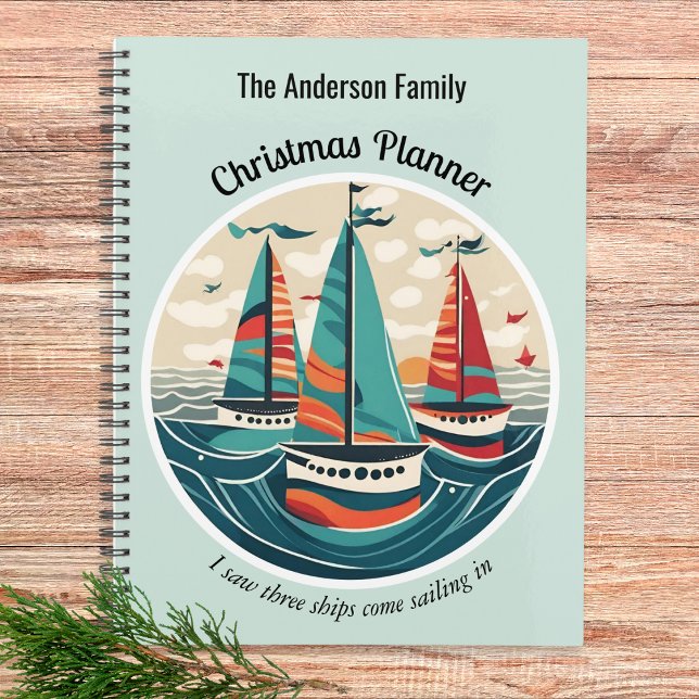 Trois Bateaux Fête Navale Élégante de Noël (A spiral-bound Christmas planner with 'I Saw Three Ships' design in turquoise and orange colors)