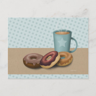 Trois beignets et une carte postale de café