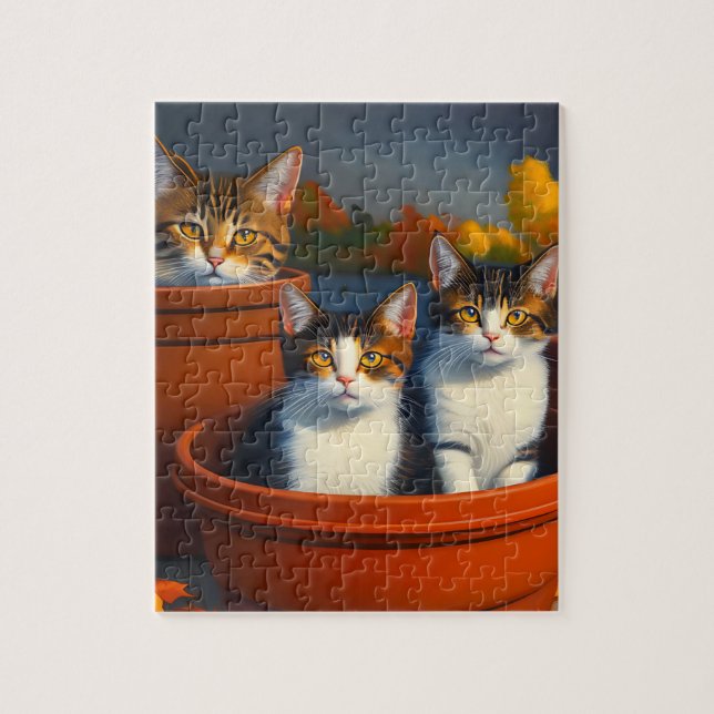 Trois Chatons En Pots De Fleurs, Puzzle De Jigsaw (Vertical)