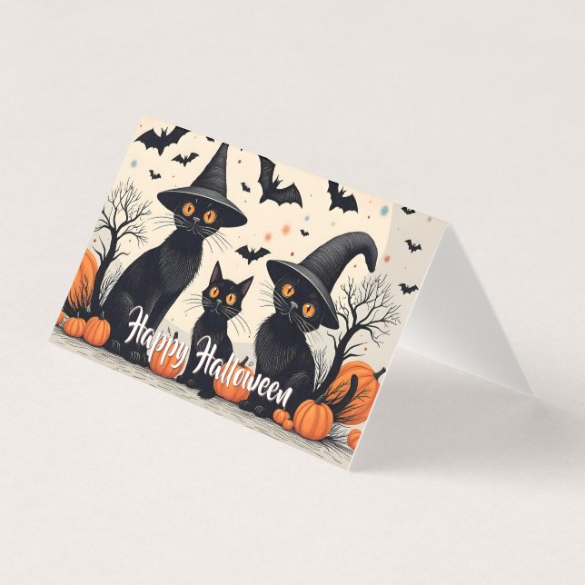 Trois chats noirs avec des chapeaux à Halloween (Front)