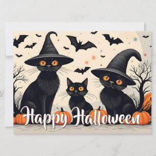 Trois chats noirs avec des chapeaux pour Halloween