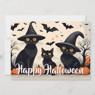 Trois chats noirs avec des chapeaux pour Halloween