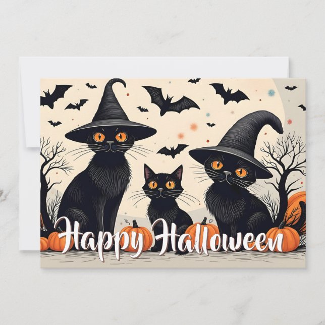 Trois chats noirs avec des chapeaux pour Halloween (Devant)