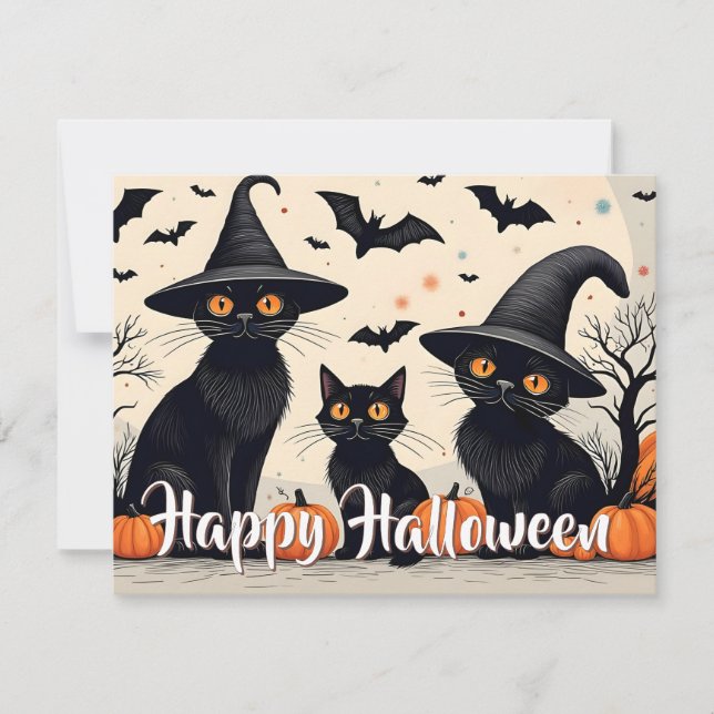 Trois chats noirs avec des chapeaux pour Halloween (Devant)