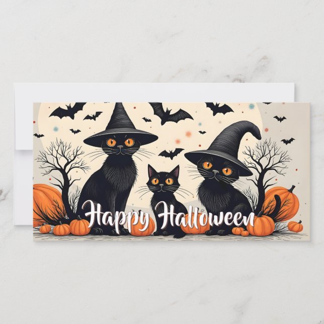 Trois chats noirs avec des chapeaux pour Halloween (Devant)