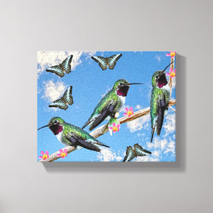 Trois colibris perchés sur toile étirée