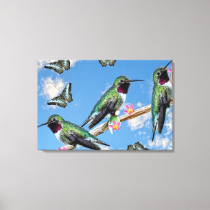Trois colibris perchés sur toile étirée