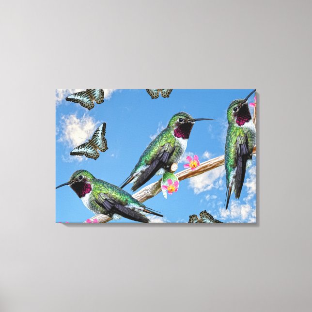 Trois colibris perchés sur toile étirée (Recto)