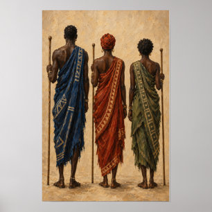 Trois Figures en Bleu, Rouille et Olive Affiche