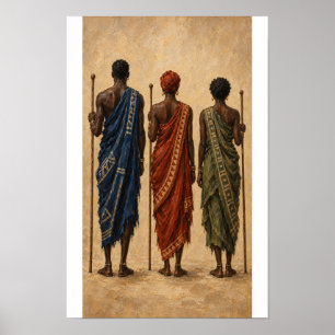 Trois Figures en Bleu, Rouille et Olive Affiche