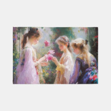 Trois filles jouant dans un jardin