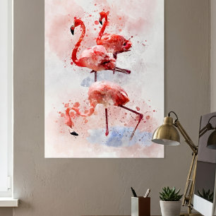 Trois flamants roses en impression d'art à l'aquar