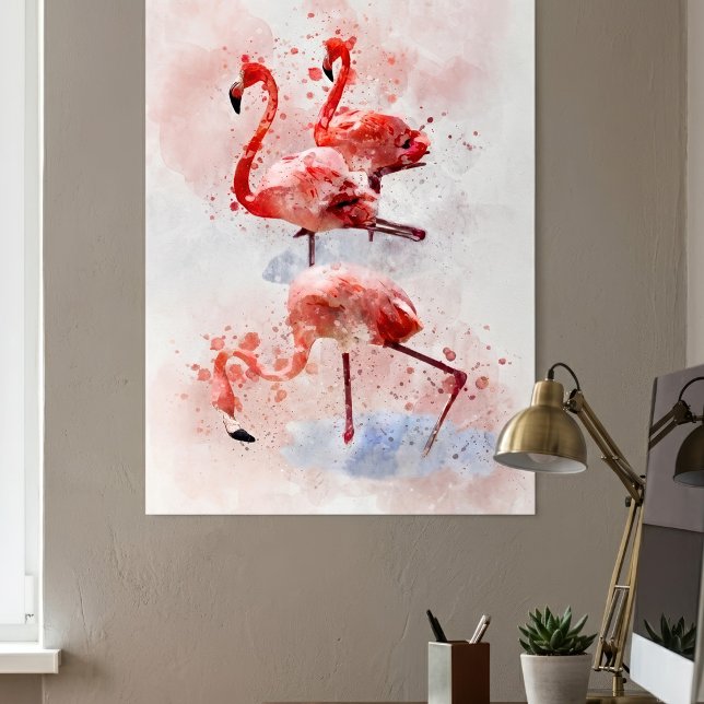 Trois flamants roses en impression d'art à l'aquar (Three Pink Flamingos in Watercolor Art Print. Poster)