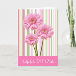 Trois fleurs roses et rayures Carte d'anniversaire