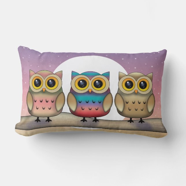 Trois hiboux et un joli coussin décoratif Lune (Recto)