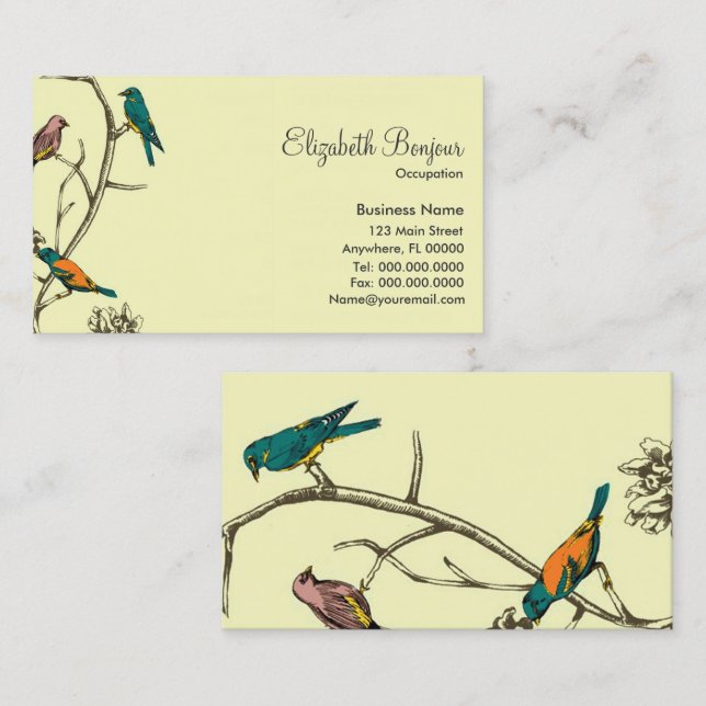 Trois oiseaux parlant des cartes de visite de ~ (Devant / Derrière)