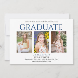 Trois photo White Blue Graduation Party Invitation