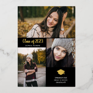 Trois photos   Faire-part de graduation Gold Foil