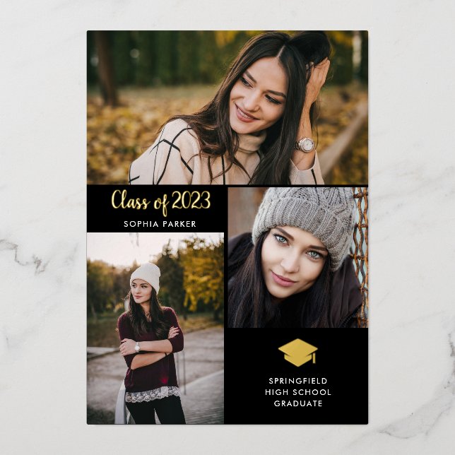 Trois photos | Faire-part de graduation Gold Foil (Recto)